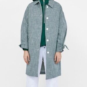 Zara Basic Gingham Check Long Coat Green Blue White Bow Cuff Button Front Size M